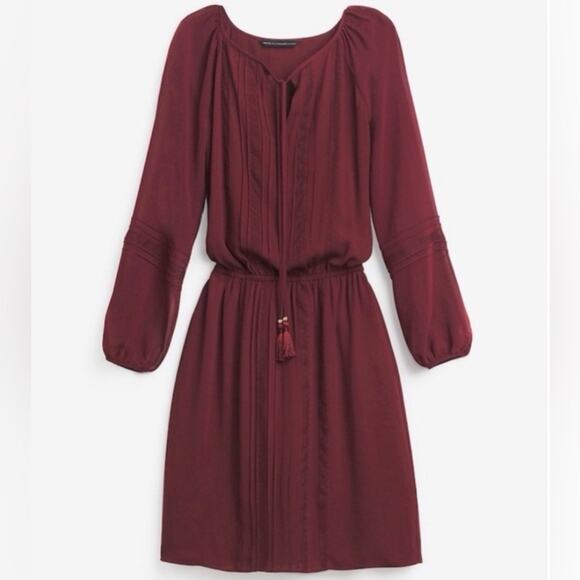 WHBM Burgundy Boho Mini Dress Size S Long Sleeve Tassel Detail Fall Date Night - Picture 1 of 11